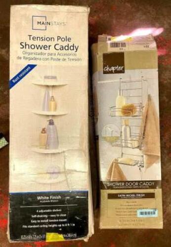 (3) TENSION POLE SHOWER CADDY AND (1) SHOWER DOOR CADDY
