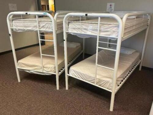 DESCRIPTION: (2) - TWIN OVER TWIN WHITE METAL FRAMED BUNK BEDS WITH MATTRESSES RETAIL PRICE: $233.80 EACH ADDITIONAL INFORMATION: (2) - BUNK BEDS TOTA