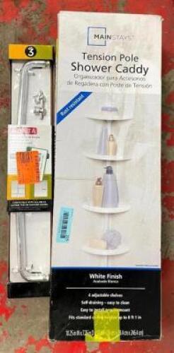 (2) TENSION POLE SHOWER CADDY AND 20" SHOWER DOOR HANDLE