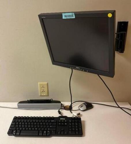 DESCRIPTION: WALL MOUNTED MONITOR AND ACCESSORY SET ADDITIONAL INFORMATION: KEYBOARD AND MOUSE INCLUDED. SIZE: SEE PHOTOS LOCATION: CLINIC 10 THIS LOT