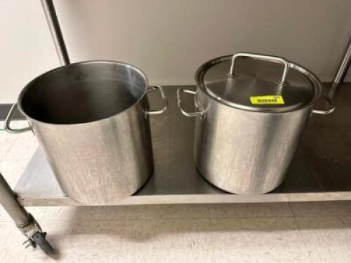(2) 16 QT STAINLESS STOCK POTS. ONE W/ LID.