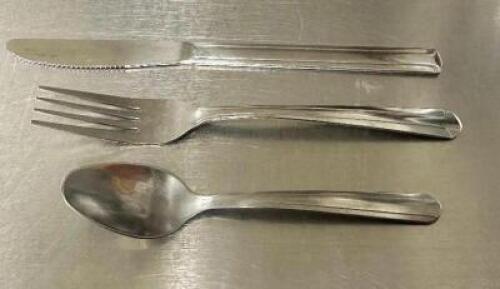 (100) STAINLESS SPOONS, KNIVES, FORKS