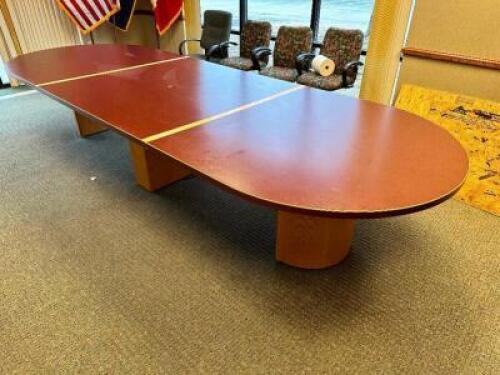 176" X 50" THREE SECTION MAROON AND TAN CONFERENCE TABLE