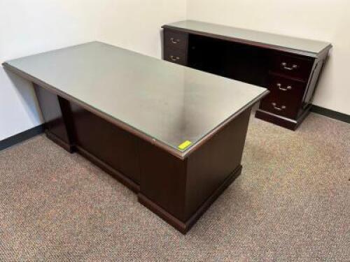 72" X 35" EXECUTIVE DESK W/ MATCHING CREDENZA AND LATERAL HUTCH.
