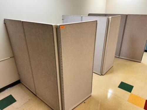 (6) L SHAPED THREE PANEL CUBICAL W/ SMALL WORK STATION DESK