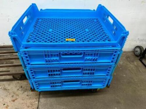 DESCRIPTION: (4) BLUE PLASTIC BREAD RACKS LOCATION: BACK WAREHOUSE THIS LOT IS: ONE MONEY QTY: 1