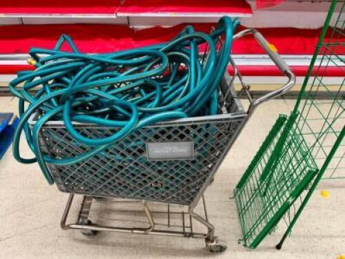 DESCRIPTION: CART AND CONTENTS - LARGE ASSORTMENT OF GARDEN HOSE LOCATION: FLOOR THIS LOT IS: ONE MONEY QTY: 1