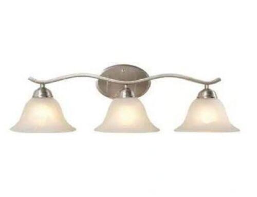 ANDENNE 3-LIGHT 26.3 IN. TRANSITIONAL BRUSHED NICKEL BATHROOM VANITY LIGHT WITH BELL SHAPED MARBLEIZED GLASS SHADES