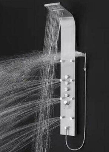 65 IN. 8-JET RAINFALL SHOWER PANEL SYSTEM WITH RAINFALL WATERFALL SHOWER HEAD AND SHOWER WAND IN STAINLESS STEEL