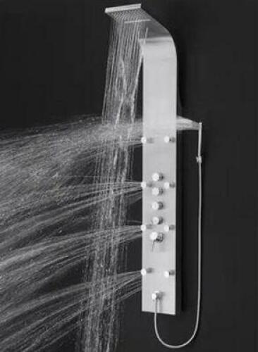 65 IN. 8-JET RAINFALL SHOWER PANEL SYSTEM WITH RAINFALL WATERFALL SHOWER HEAD AND SHOWER WAND IN STAINLESS STEEL