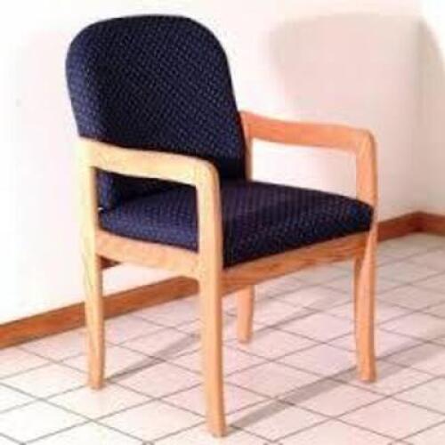 DESCRIPTION: (2) USED OFFICE WAITING CHAIRS, GUEST CHAIRS BRAND/MODEL: WOODEN MALLET INFORMATION: GREY RETAIL$: $257.99 EA SIZE: WOODEN ARMS AND LEGS,
