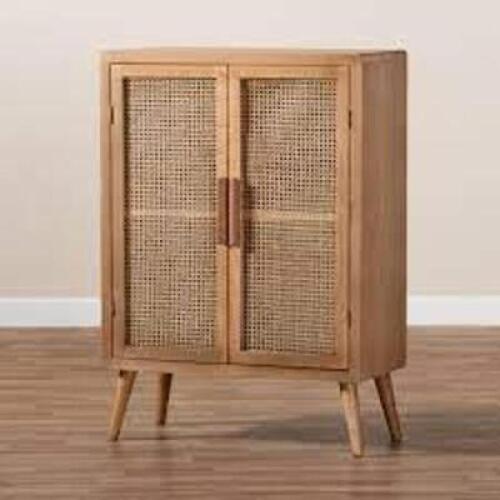 DESCRIPTION: (1) MODERN MID-CENTURY CABINET WITH DOORS BRAND/MODEL: BAXTON #WI10554 INFORMATION: WOODEN, MEDIUM OAK RETAIL$: $309.00 EA SIZE: 2 DOOR Q