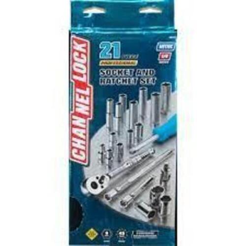 DESCRIPTION: (1) SOCKET AND RATCHET SET BRAND/MODEL: CHANNELLOCK #34212 RETAIL$: $46.01 TOTAL SIZE: 21 PIECES, 1/4" QTY: 1