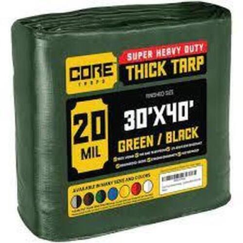 DESCRIPTION: (1) SUPER HEAVY DUTY THICK TARP BRAND/MODEL: CORE TARPS #CT-703-30X40 INFORMATION: GREEN RETAIL$: $269.95 EA SIZE: 30' X 40' QTY: 1