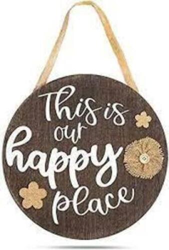 DESCRIPTION: (3) WOOD HANGING WELCOME SIGN BRAND/MODEL: FARMLYN CREEK BURLAP #LJ-WJZSH-052120-03-1 INFORMATION: "THIS IS OUR HAPPY PLACE" RETAIL$: $10