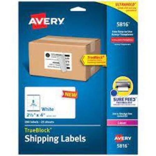 DESCRIPTION: (1) CASE OF (6) PACKS OF (25) SHEETS OF LABELS BRAND/MODEL: AVERY #5816 RETAIL$: $18.04 EA SIZE: 2.5X4 QTY: 1