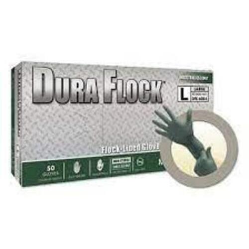 DESCRIPTION: (4) BOXES OF (50) FLOCK LINED GREEN NITRILE 8ML GLOVES BRAND/MODEL: MICROFLEX DURA FLOCK RETAIL$: $2086 EA SIZE: XL QTY: 4