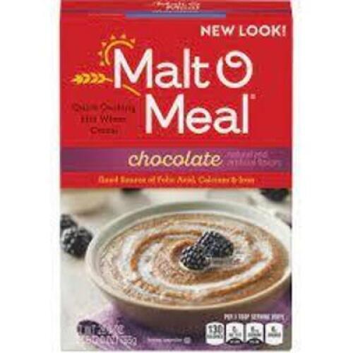 DESCRIPTION: (4) QUICK COOKING HOT WHEAT CEREAL BRAND/MODEL: MALT O MEAL INFORMATION: CHOCOLATE RETAIL$: $5.83 EA SIZE: 1 LB 12 OZ QTY: 4