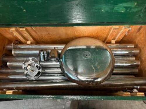 41" X 18" WOODEN CART W/ CONTENTS. CHROME STANCHION POSTS AND BASES.