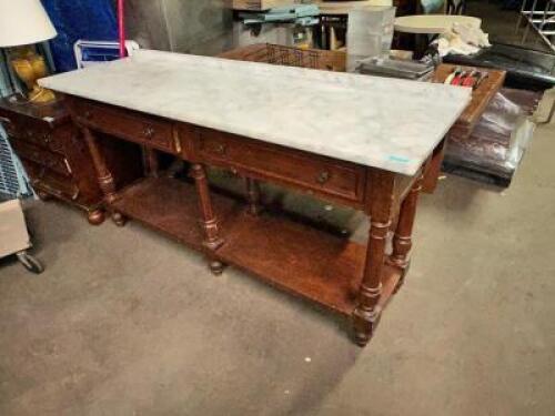 75" X 26" WOODEN BUFFET TABLE W/ A WHITE GRANITE COUNTER TOP