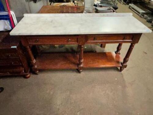 75" X 26" WOODEN BUFFET TABLE W/ A WHITE GRANITE COUNTER TOP