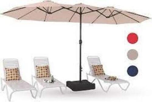 DESCRIPTION: (1) PATIO UMBRELLA, DOUBLE SIDED WITH CRANK BRAND/MODEL: PHI VILLA #E02GM013-ML INFORMATION: TAN, CHAIRS IN STOCK PICTURE ARE NOT INCLUDE
