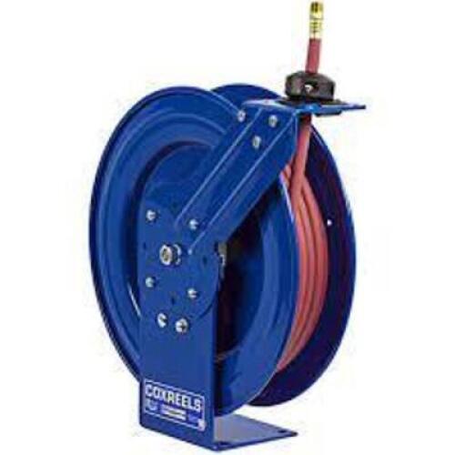 DESCRIPTION: (1) SPRING REWIND PERFORMANCE AIR AND WATER HOSE REEL BRAND/MODEL: COXREELS #P-LP-110 INFORMATION: BLUE RETAIL$: $184.99 EA SIZE: 1/4" X
