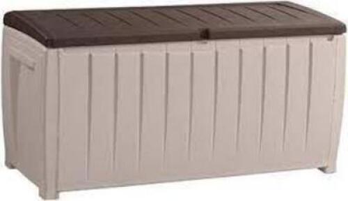 DESCRIPTION: (1) PLASTIC DECK STORAGE CONTAINER BOX BRAND/MODEL: KETER #17198681 INFORMATION: BEIGE RETAIL$: $79.99 EA SIZE: 47.8X22X8.3 QTY: 1