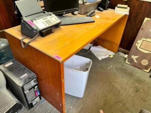 72" WOODEN DESK AND (2) CHAIRS.