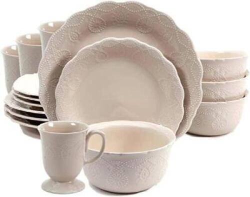 DESCRIPTION: (1) COWGIRL LACE (12) PIECE DINNERWARE SET BRAND/MODEL: PIONEER WOMAN/82782.12R INFORMATION: LINEN/BEIGE RETAIL$: $37 QTY: 1