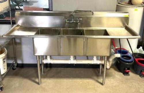 DESCRIPTION: 3-COMPARTMENT STAINLESS STEEL SINK WITH DOUBLE DRAINBOARD BRAND/MODEL: ALLSTRONG INFORMATION: 15"X15"X12" COMPARTMENTS, LIKE NEW SIZE: 75