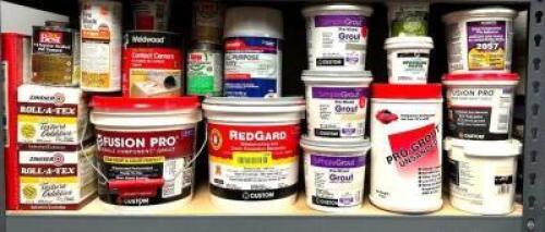 DESCRIPTION: CONTENTS OF SHELF (ASSORTED GROUT AND TILE FINISHING SUPPLIES AS SHOWN) LOCATION: WAREHOUSE #1- PAINT ROOM