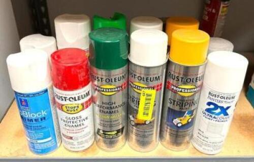 DESCRIPTION: CONTENTS OF SHELF (ASSORTED SPRAY PAINT AS SHOWN) LOCATION: WAREHOUSE #1- PAINT ROOM