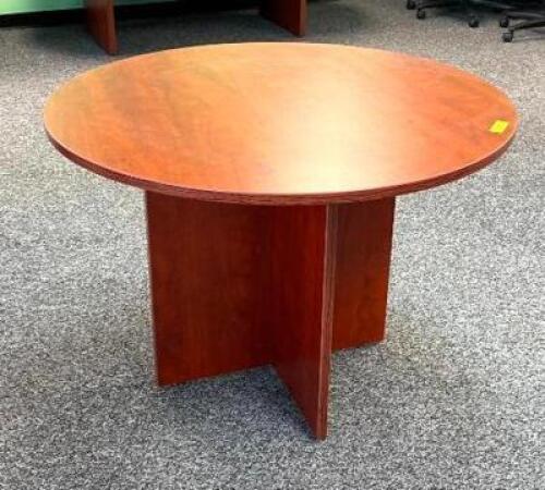 DESCRIPTION: 41" ROUND WOODEN TABLE SIZE: 41" X 30" LOCATION: OFFICE