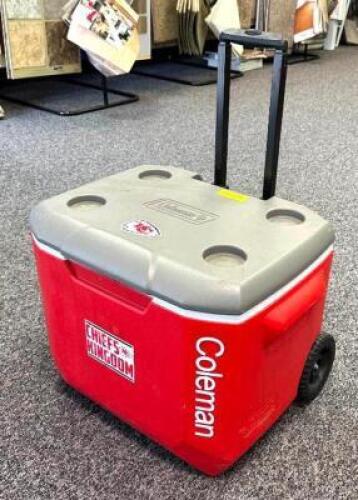 DESCRIPTION: COLEMAN 45 QT "CHIEFS" ROLLING COOLER BRAND/MODEL: COLEMAN SIZE: 45 QT LOCATION: OFFICE