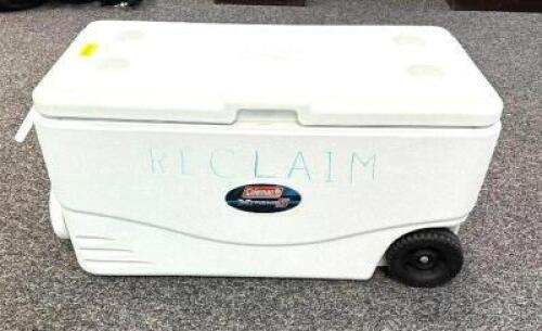 DESCRIPTION: COLEMAN 100 QT HEAVY DUTY WHEELED COOLER-WHITE BRAND/MODEL: COLEMAN XTREME 5 SIZE: 100 QT LOCATION: OFFICE