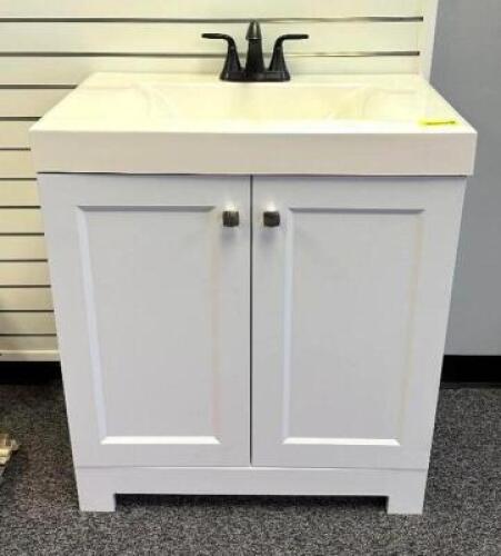 DESCRIPTION: 30" X 16" TWO DOOR BATH VANITY W/ BRONZE FAUCET HARDWARE SIZE: 30" X 16" X 36" LOCATION: SHOWROOM