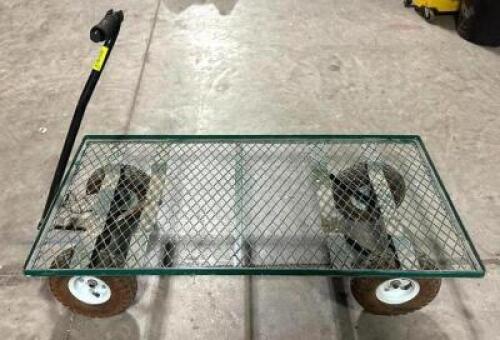 DESCRIPTION: PULL BEHIND METAL FLATBED CART SIZE: 48"X24"X12.5" LOCATION: WAREHOUSE QTY: 1