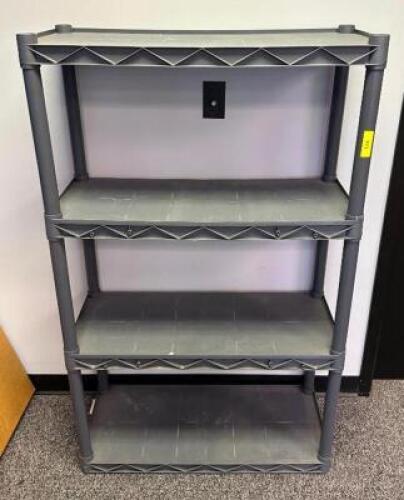 DESCRIPTION: 4-TIER PLASTIC SHELVING UNIT SIZE: 34"X15"X56" LOCATION: MAIN OFFICE QTY: 1