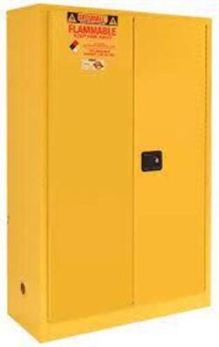 DESCRIPTION: (1) SAFETY STORAGE CABINET FOR FLAMMABLE LIQUIDSBRAND/MODEL: SECURALL #A145INFORMATION: YELLOW, 18G STEELRETAIL$: $1792.25 EASIZE: 45 GALLON CAPACITY,&nbsp;65"H x 43"W x 18"DQTY: 1