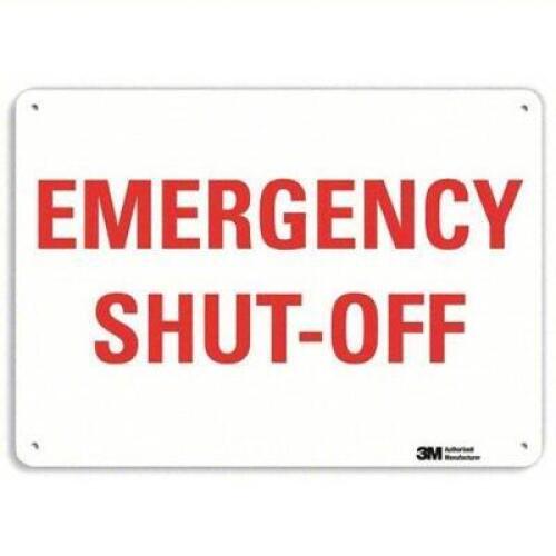 DESCRIPTION: (10) SAFETY SIGN BRAND/MODEL: 3M #34RJ65 INFORMATION: ALUMINUM EMERGENCY SHUT-OFF RETAIL$: $23.50 EA SIZE: 10X14 QTY: 10