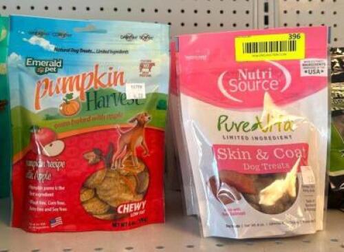DESCRIPTION: (10) BAGS OF ASSORTED DOG TREATS INFORMATION: (6) SALMON, (4) PUMPKIN LOCATION: RETAIL SHOP QTY: 10
