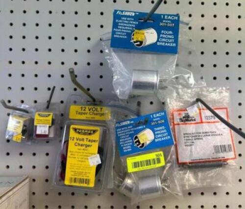 DESCRIPTION: ASSORTED CIRCUIT BREAKERS, TAPER CHARGERS, ETC. INFORMATION: SEE PHOTOS FOR MORE DETAIL LOCATION: RETAIL SHOP QTY: 1