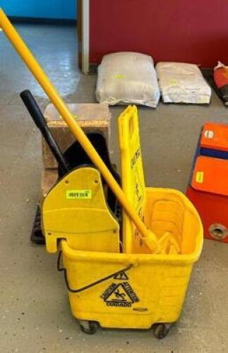 DESCRIPTION: MOP BUCKET, WRINGER, MOP AND WET FLOOR SIGN LOCATION: RETAIL SHOP QTY: 1