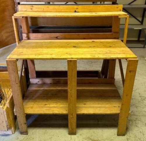 DESCRIPTION: WOODEN WORKTABLE WITH RISER SHELF SIZE: 46"X24"X36" LOCATION: STOCK ROOM QTY: 1