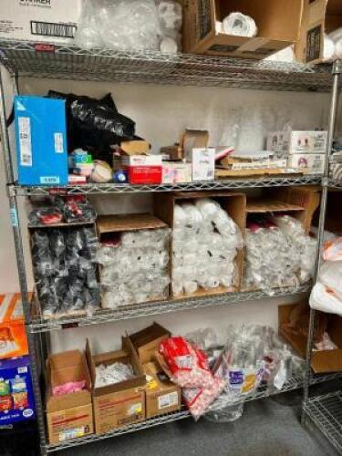 CONTENTS OF (6) SHELVES - LARGE LOT OF ASSORTED PAPER AND PLASTIC PRODUCT.