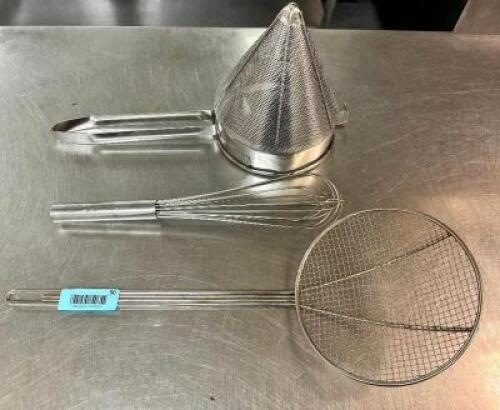 CHINA CAP, WIRE MESH SCOOP, AND STAINLESS WISK