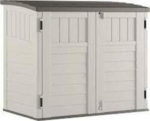 DESCRIPTION: (1) HORIZONTAL STORAGE SHEDBRAND/MODEL: SUNCAST #BMS2500INFORMATION: BROWN/OFF WHITERETAIL$: $692.99 EASIZE: H&nbsp;45.5 in, W&nbsp;53 in,&nbsp;D 32.5 inQTY: 1