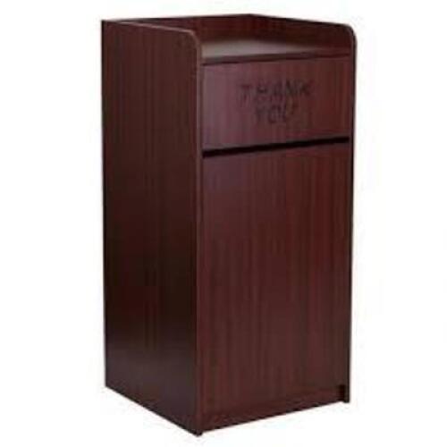 DESCRIPTION: (1) TRAY TOP RETURN WASTE RECEPTACLE BRAND/MODEL: FLASH FURNITURE #MT-M8520-TRA-MAH-GG INFORMATION: MAHOGANY WOOD RETAIL$: $234.58 EA SIZ