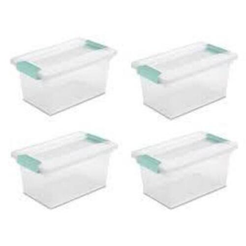 DESCRIPTION: (8) CLEAR STORAGE BOXES WITH CLIPS BRAND/MODEL: STERILITE #1962 INFORMATION: CLEAR WITH BLUE HANDLES RETAIL$: $39.95 FOR 4 SIZE: MEDIUM S